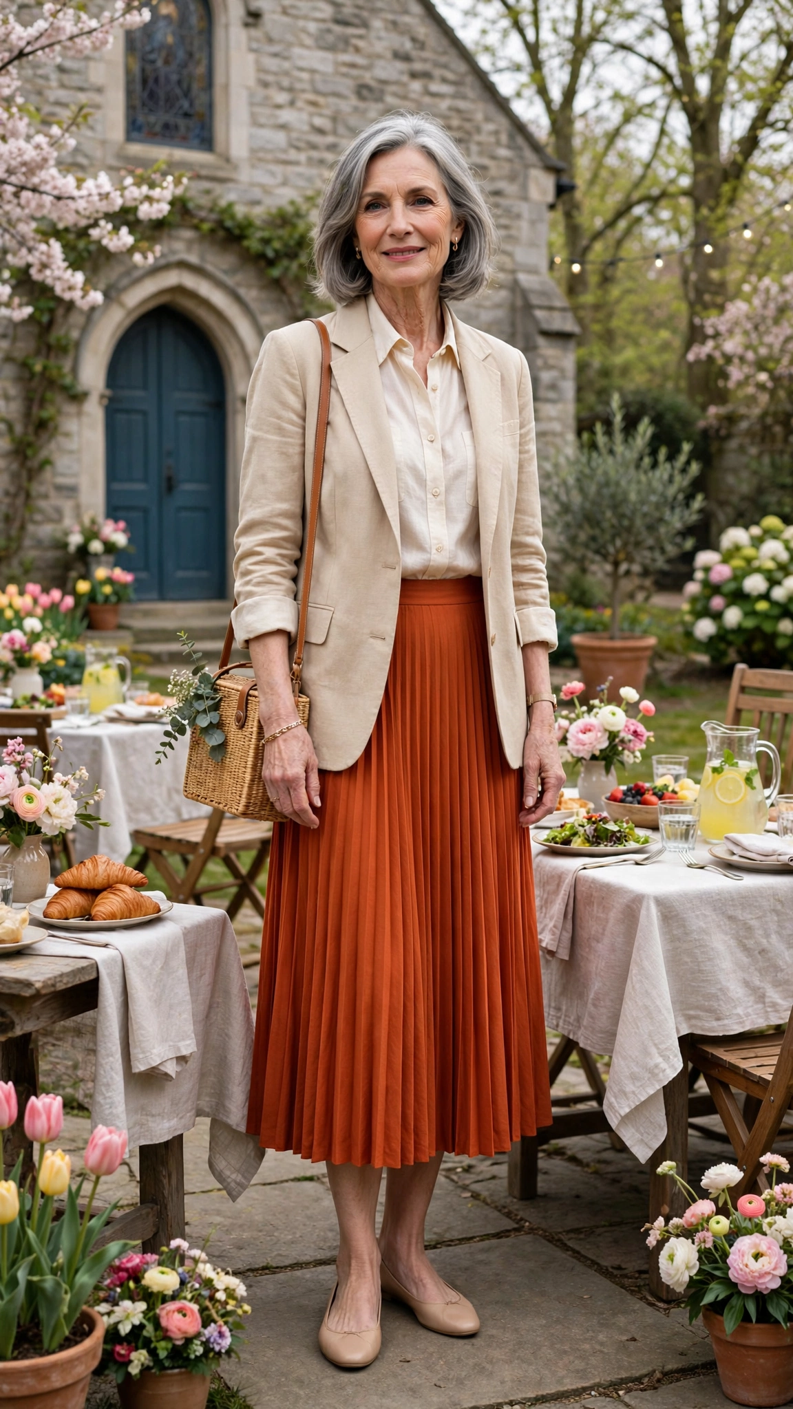 Rust orange pleated midi skirt with nude ballet flats