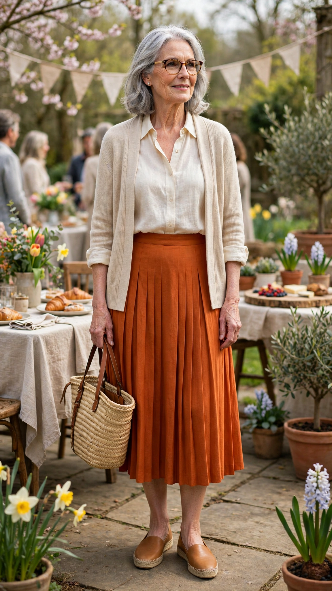 Burnt orange pleated midi skirt with a woven tote