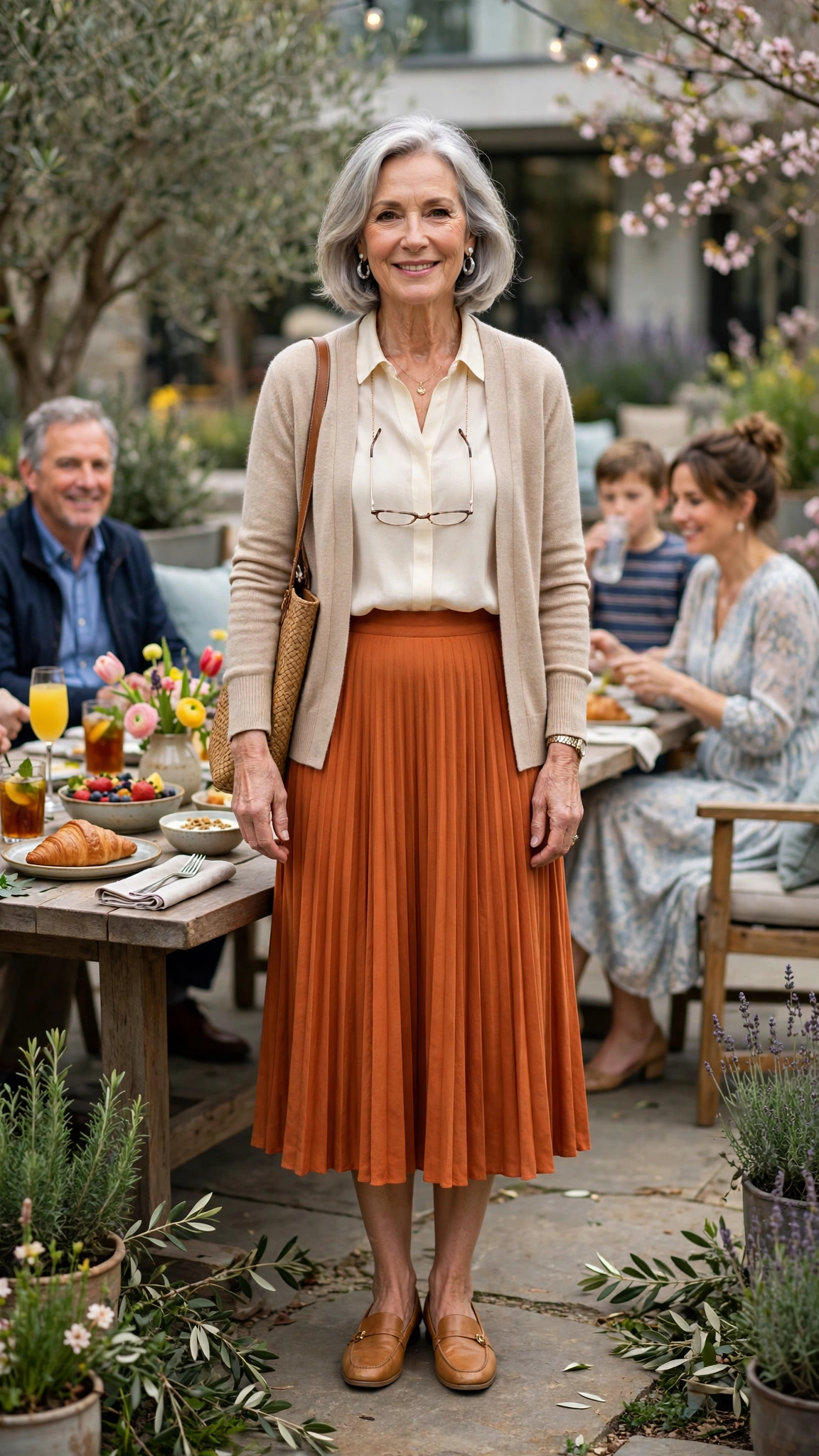 Spiced orange pleated midi skirt with a beige cardigan