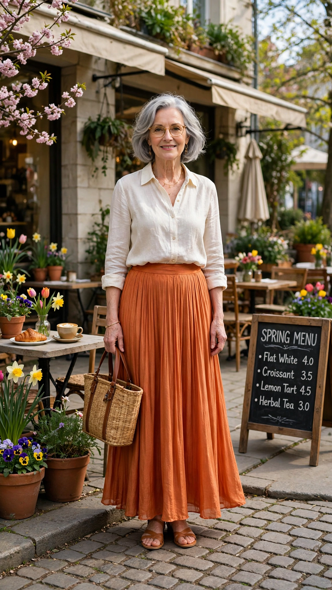 Copper orange flowing maxi skirt with a woven tote