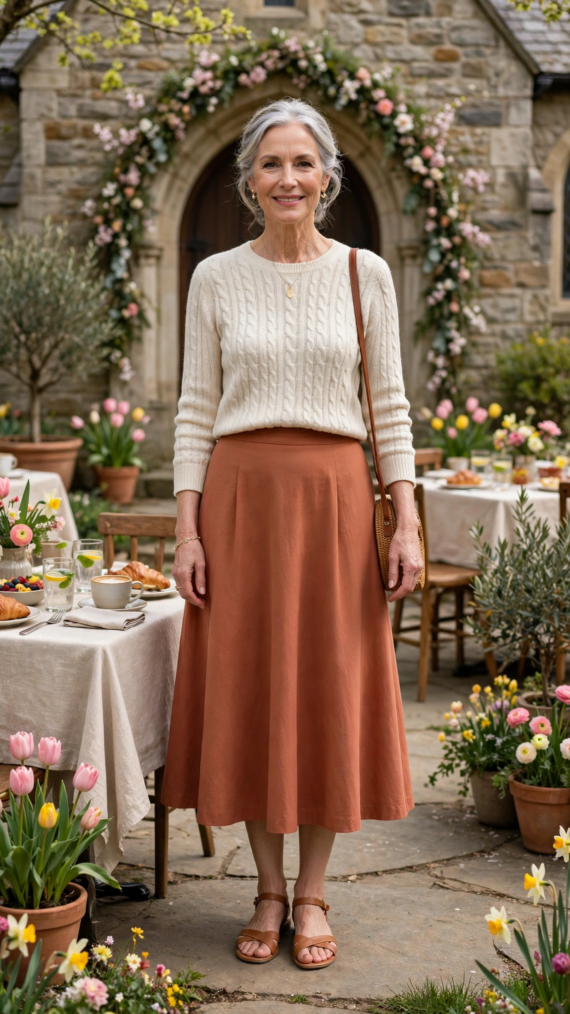 Terracotta A-line midi skirt with a cream knit top