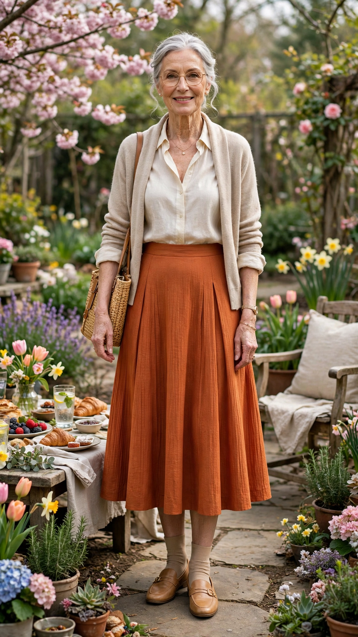 Spiced orange A-line midi skirt with tan loafers