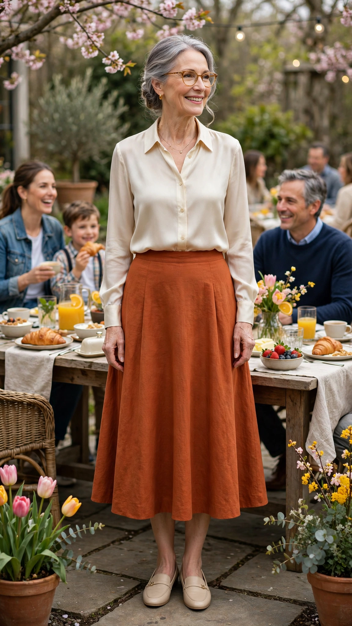 Rust orange A-line midi skirt with a cream silk blouse