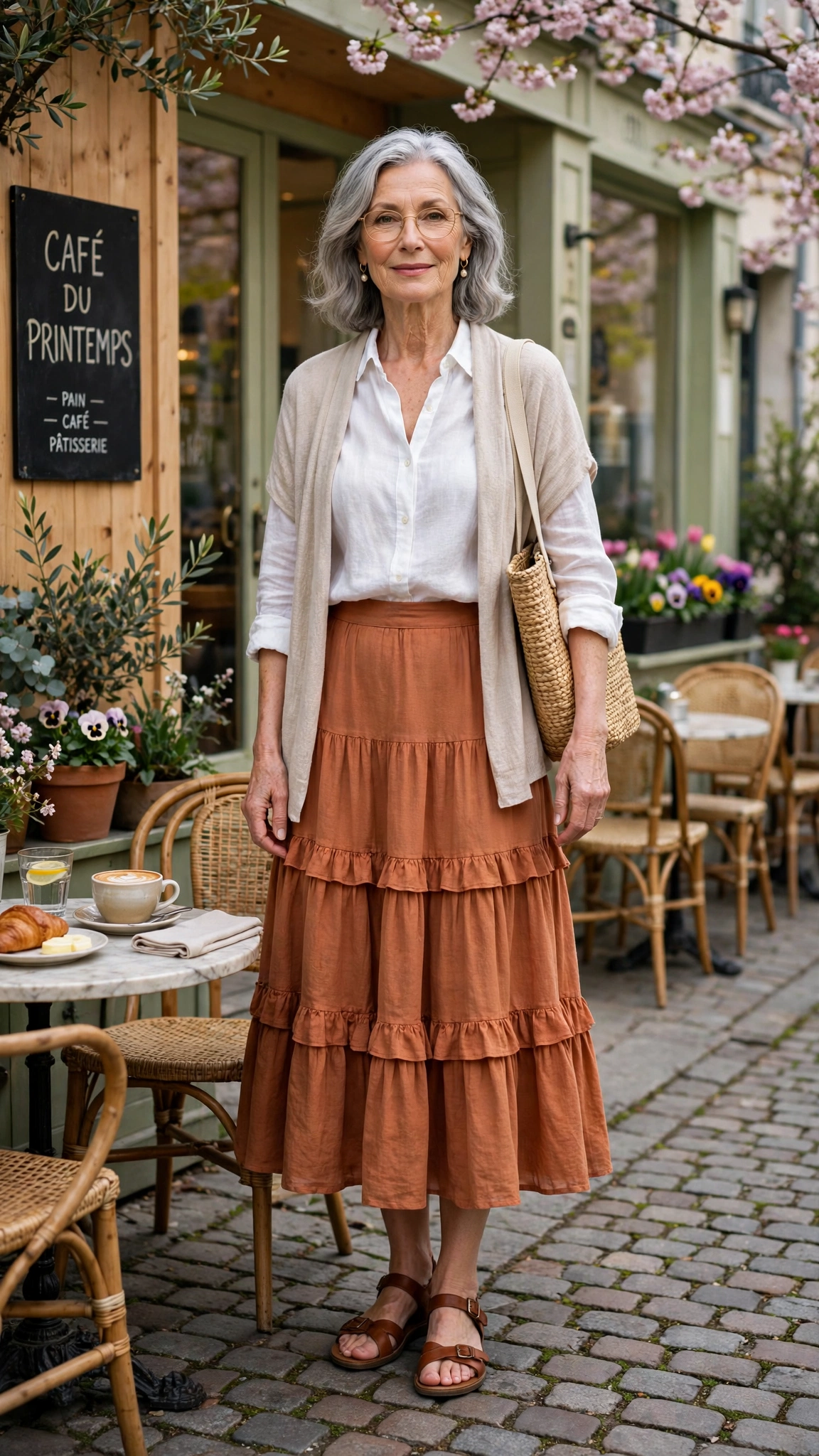 Terracotta tiered midi skirt with brown sandals