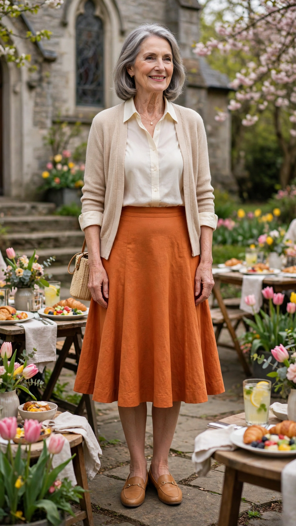 Spiced orange flared knee-length skirt with tan loafers
