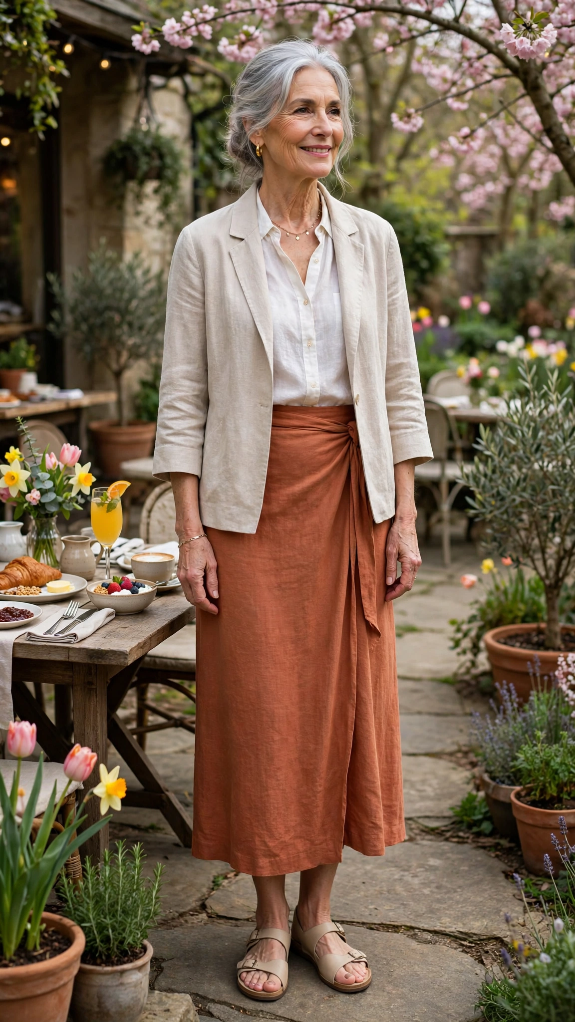 Terracotta wrap skirt with a light jacket