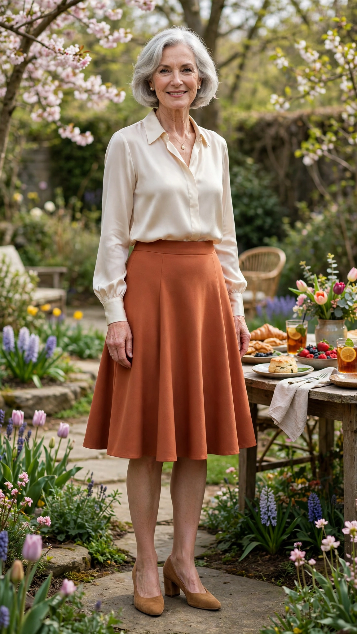 Terracotta flared knee-length skirt with a cream silk blouse