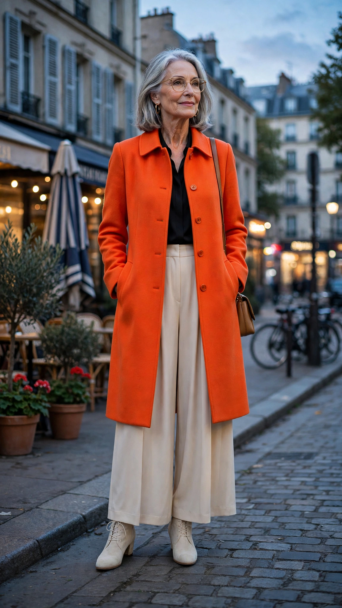Vivid tangerine coat over palazzo trousers with cream ankle boots