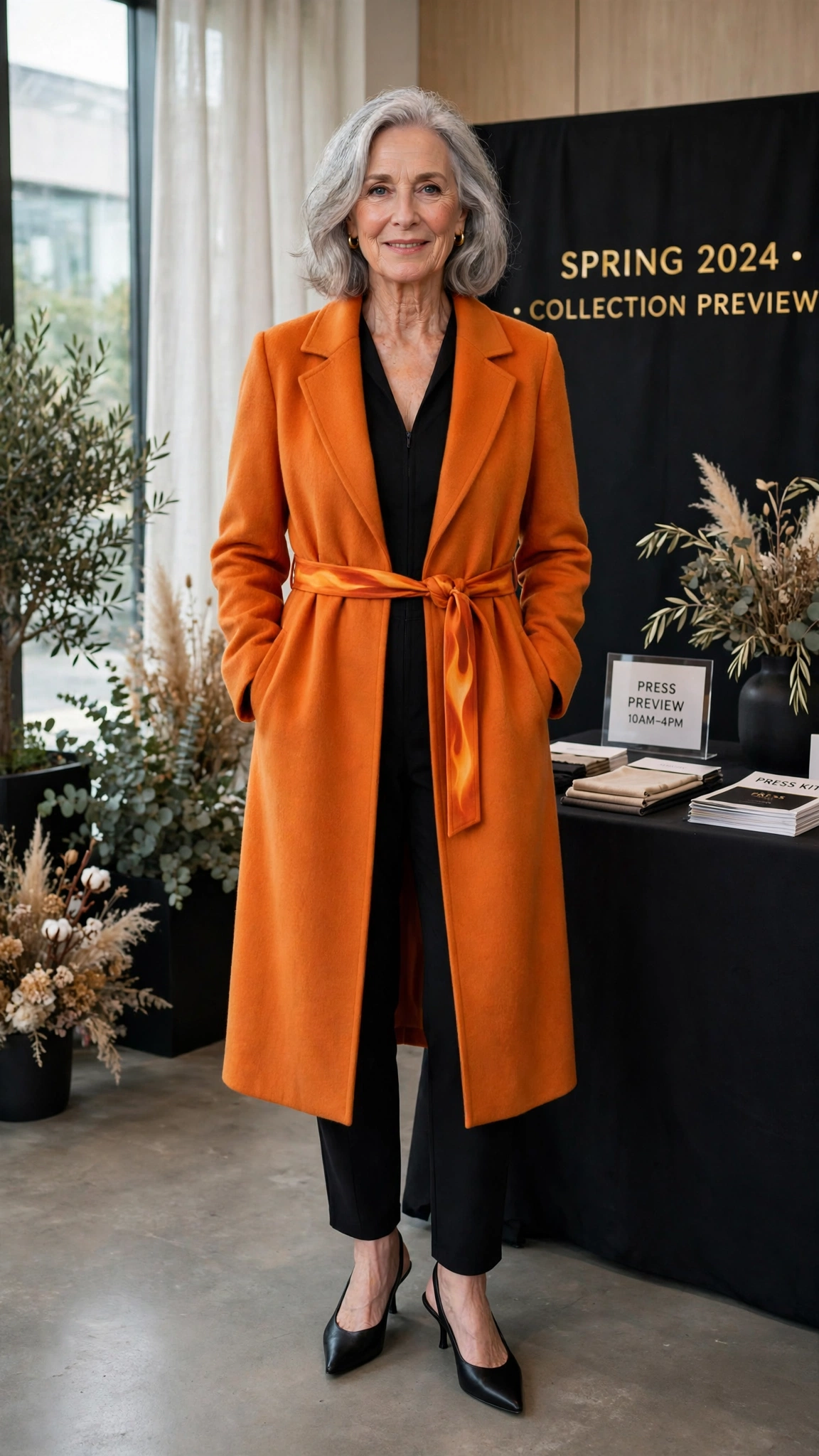 Flame orange coat over a jumpsuit with black slingbacks