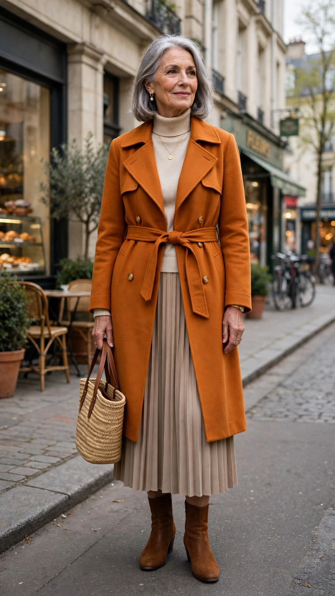 Amber orange coat over a midi skirt set with a woven bag