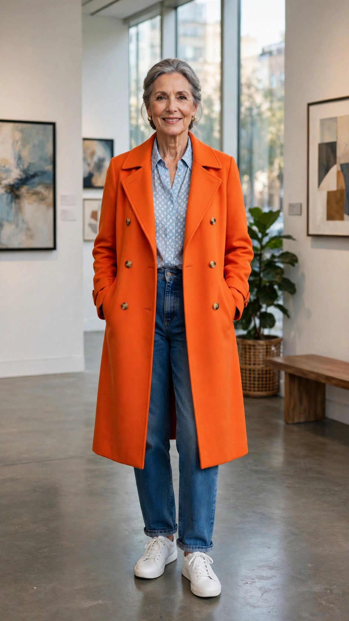 Vivid tangerine coat over jeans and a blouse with white sneakers