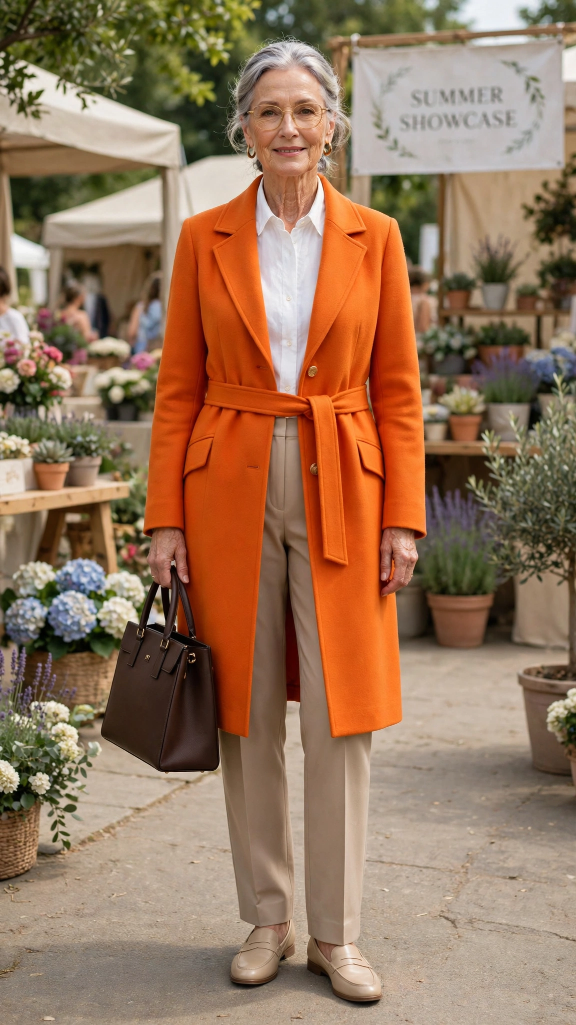 Marigold orange coat over straight trousers with a structured tote