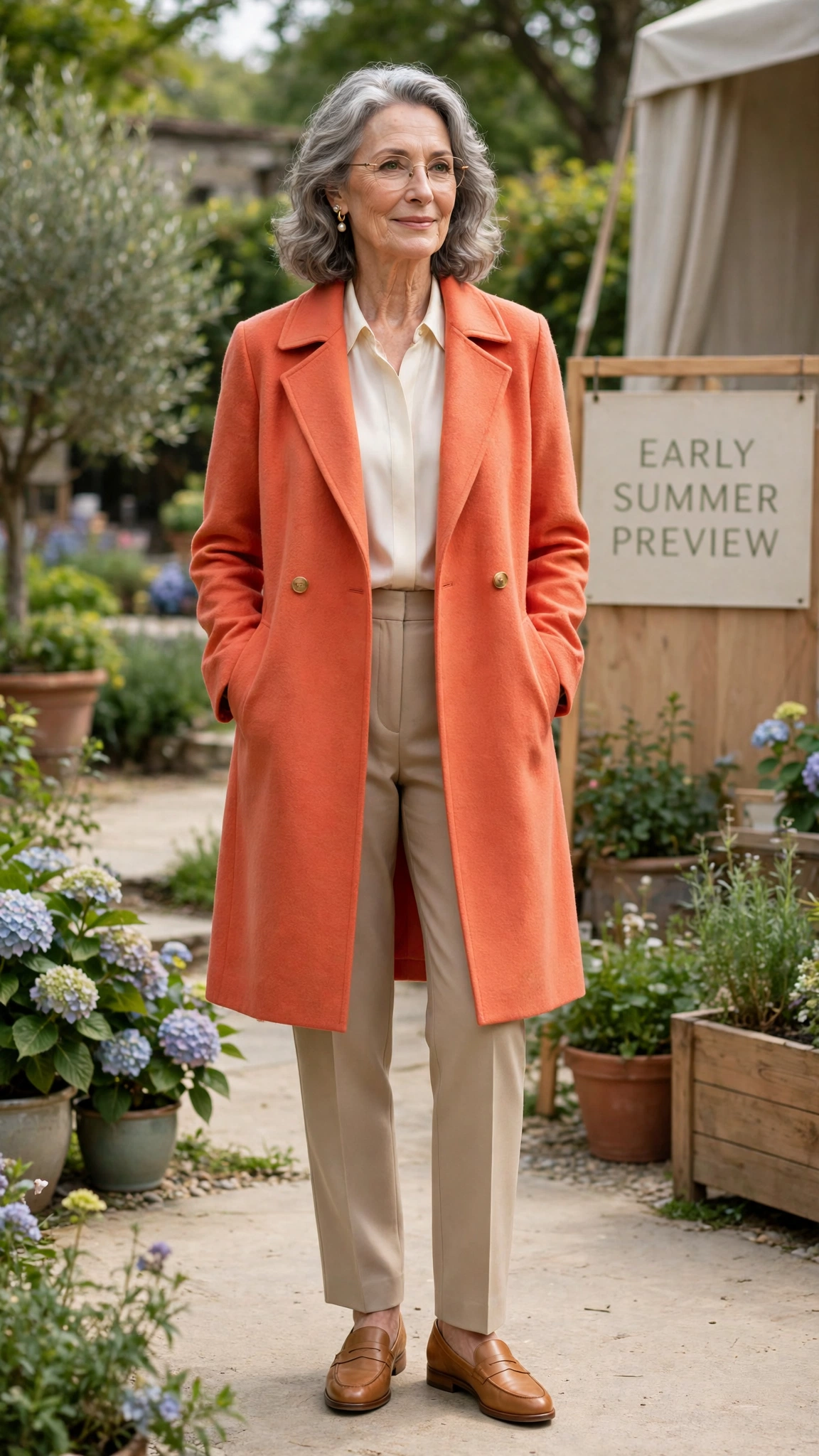 Coral orange coat over straight trousers with tan loafers