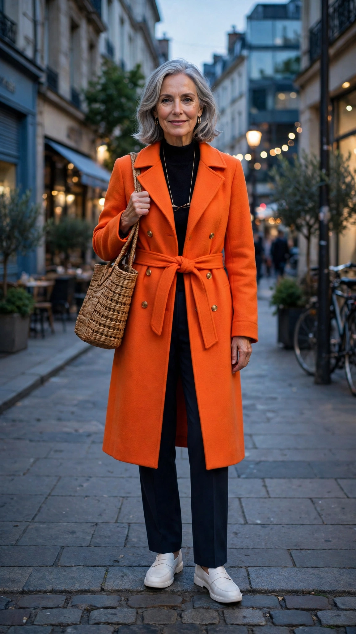 Bright orange coat over straight trousers with a woven bag