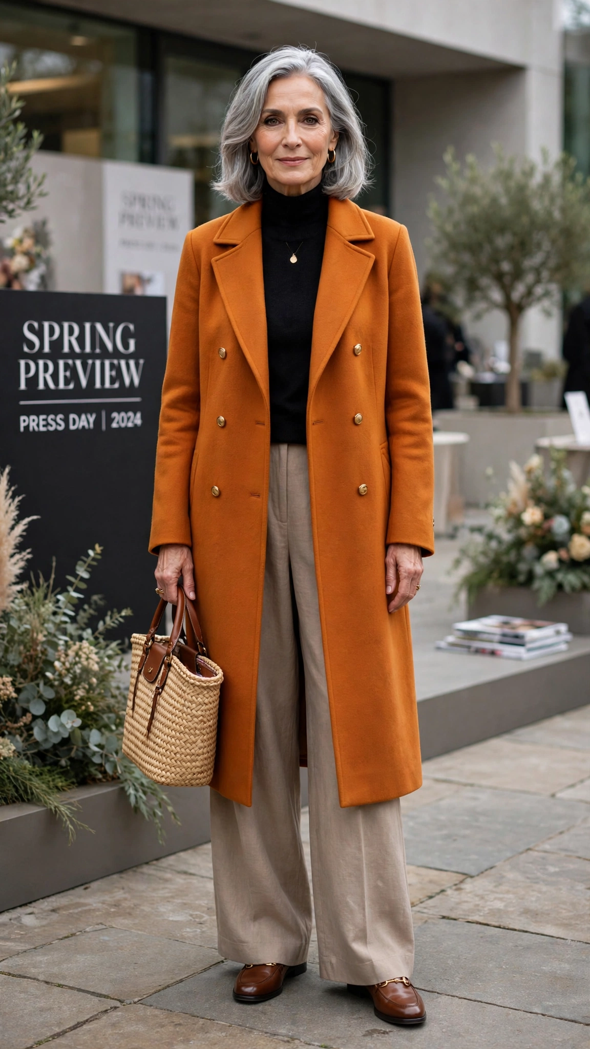 Amber orange coat over wide-leg trousers with a woven bag