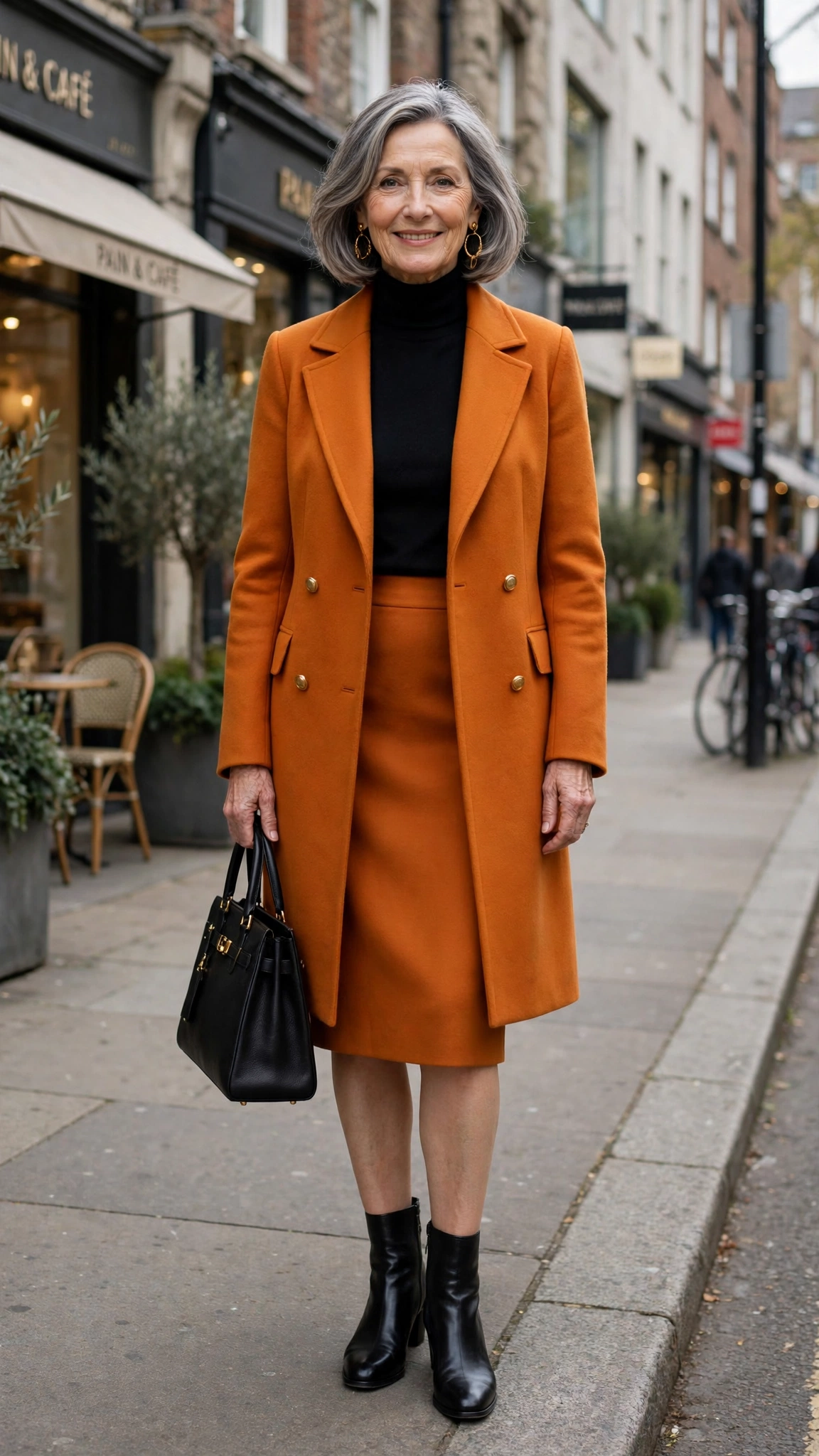 Amber orange coat over a pencil skirt set with gold earrings