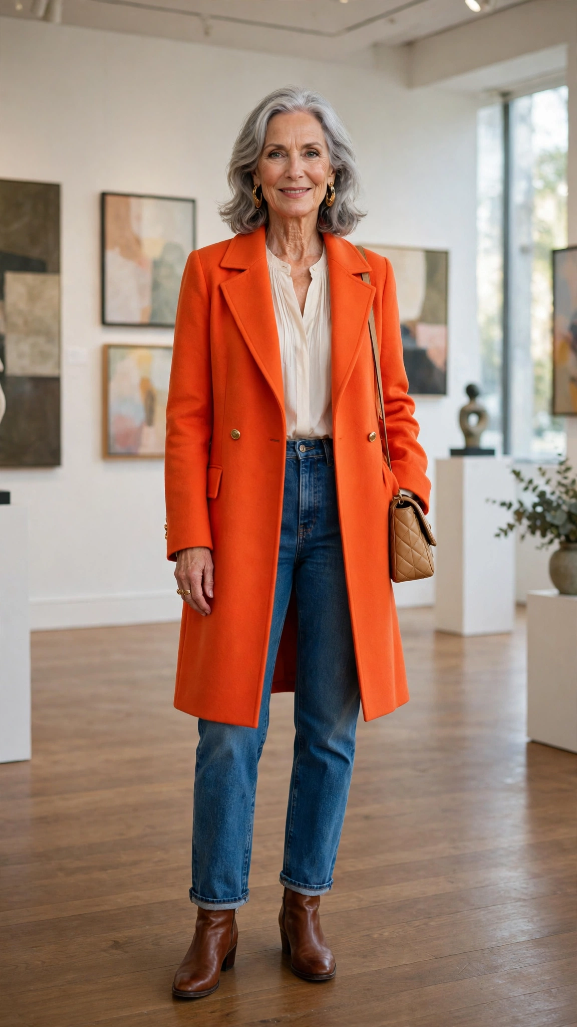 Vivid tangerine coat over jeans and a blouse with gold earrings