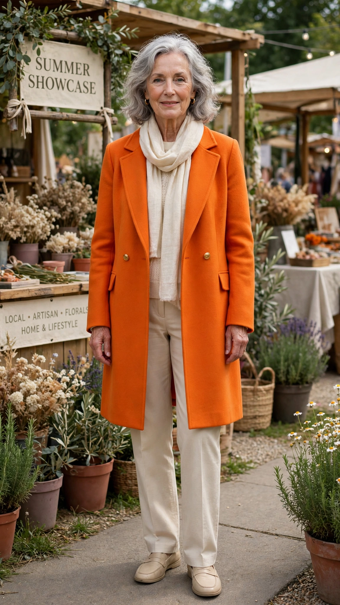 Marigold orange coat over straight trousers with a cream scarf