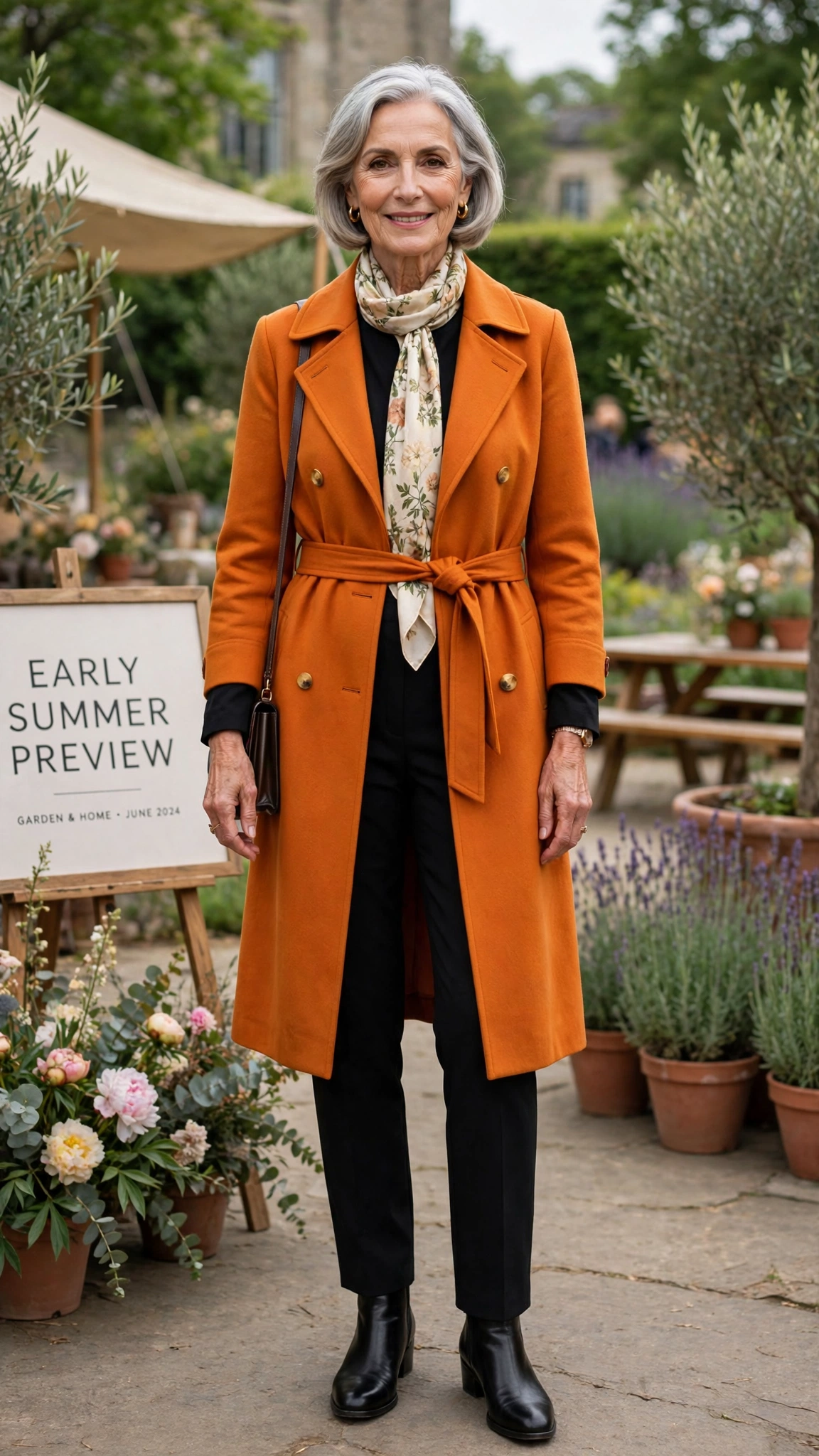 Amber orange coat over a jumpsuit with a silk scarf