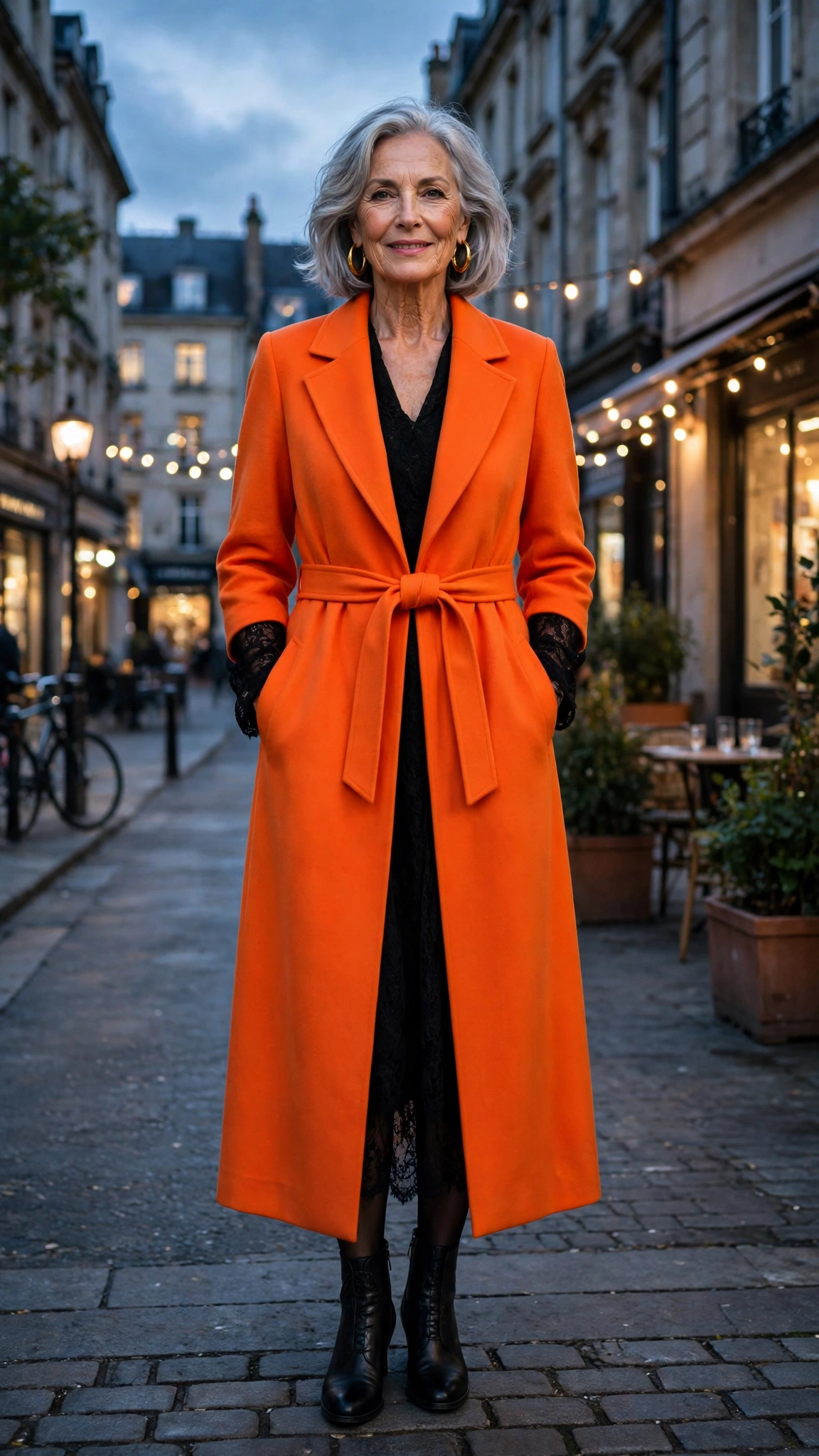 Vivid tangerine longline coat over a dress with gold earrings