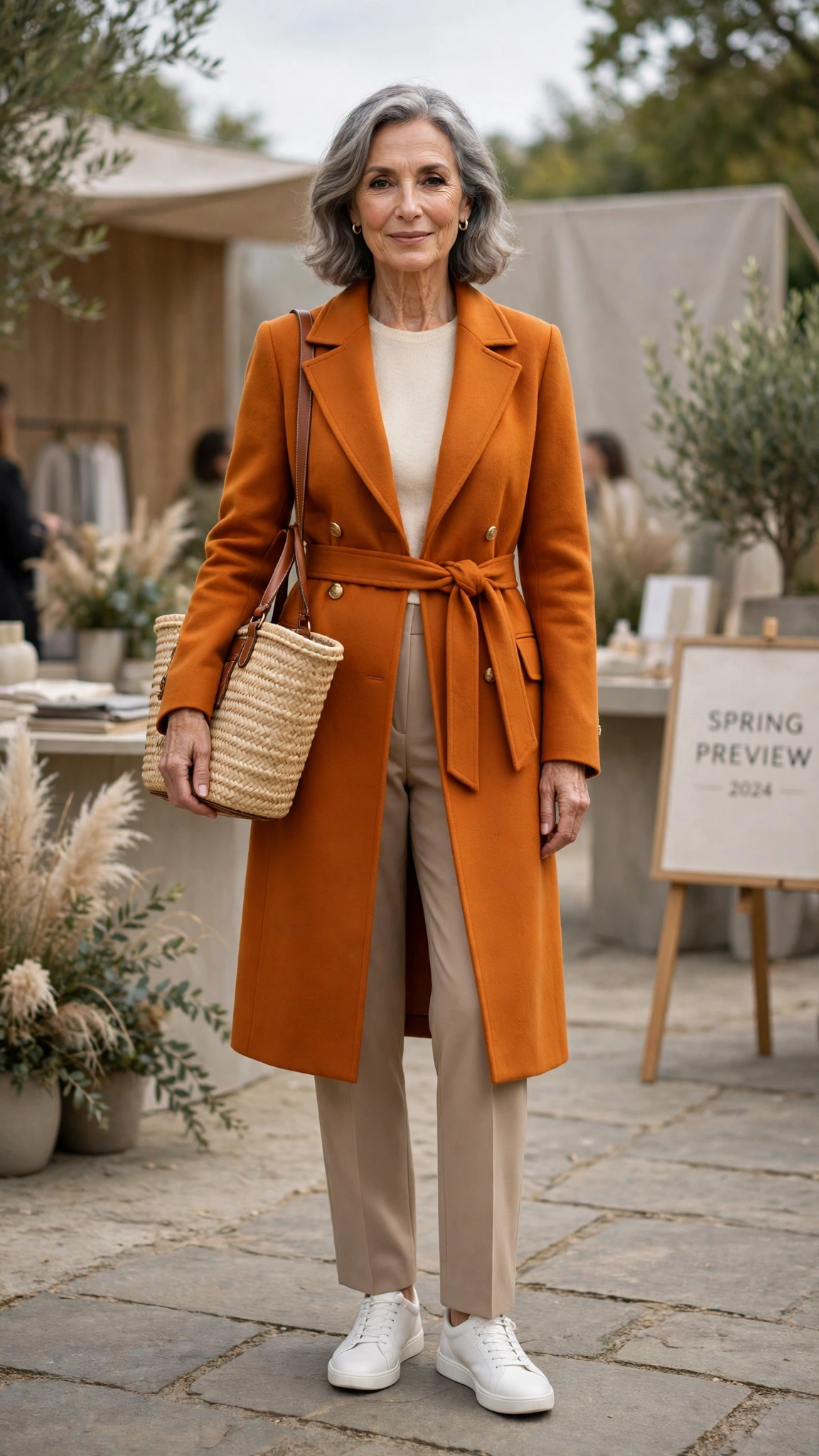 Amber orange coat over straight trousers with a woven bag