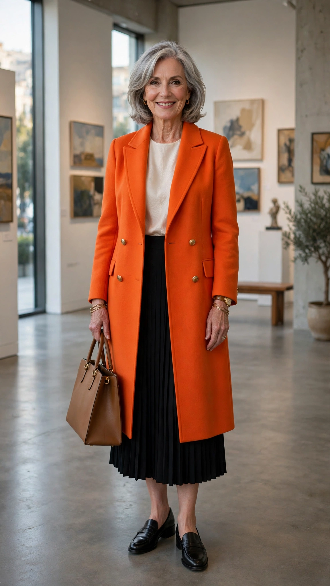 Flame orange coat over a midi skirt set with a structured tote