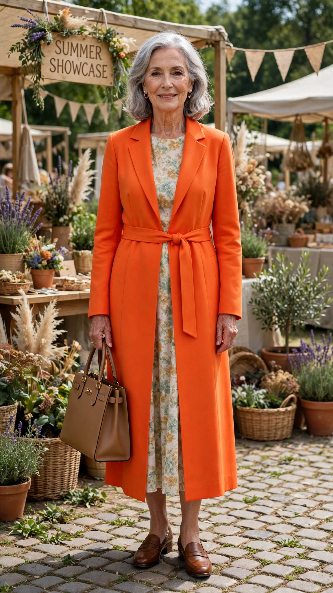 Bright orange longline coat over a dress with a structured tote