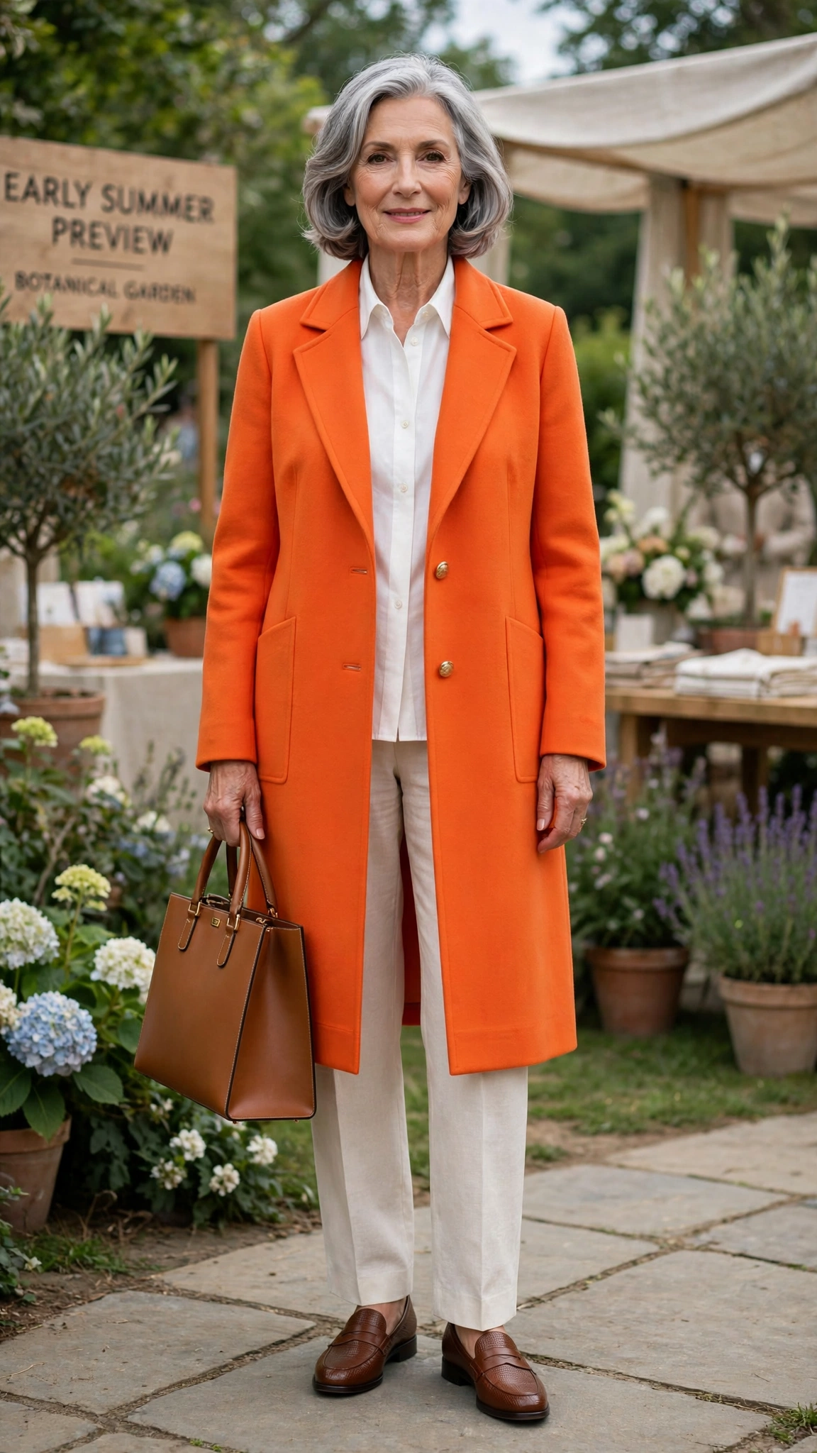 Vivid tangerine coat over straight trousers with a structured tote