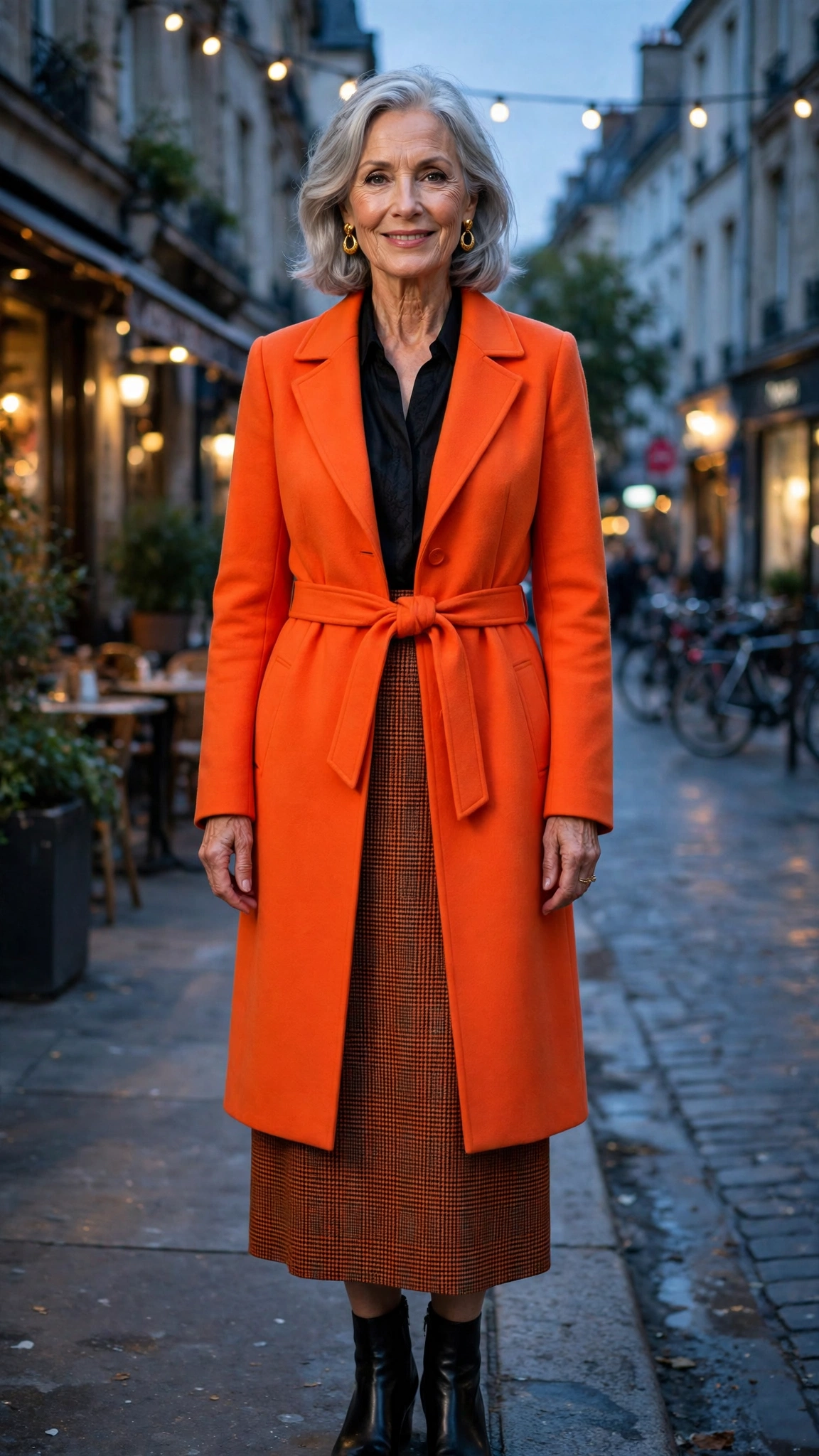Vivid tangerine coat over a midi skirt set with gold earrings