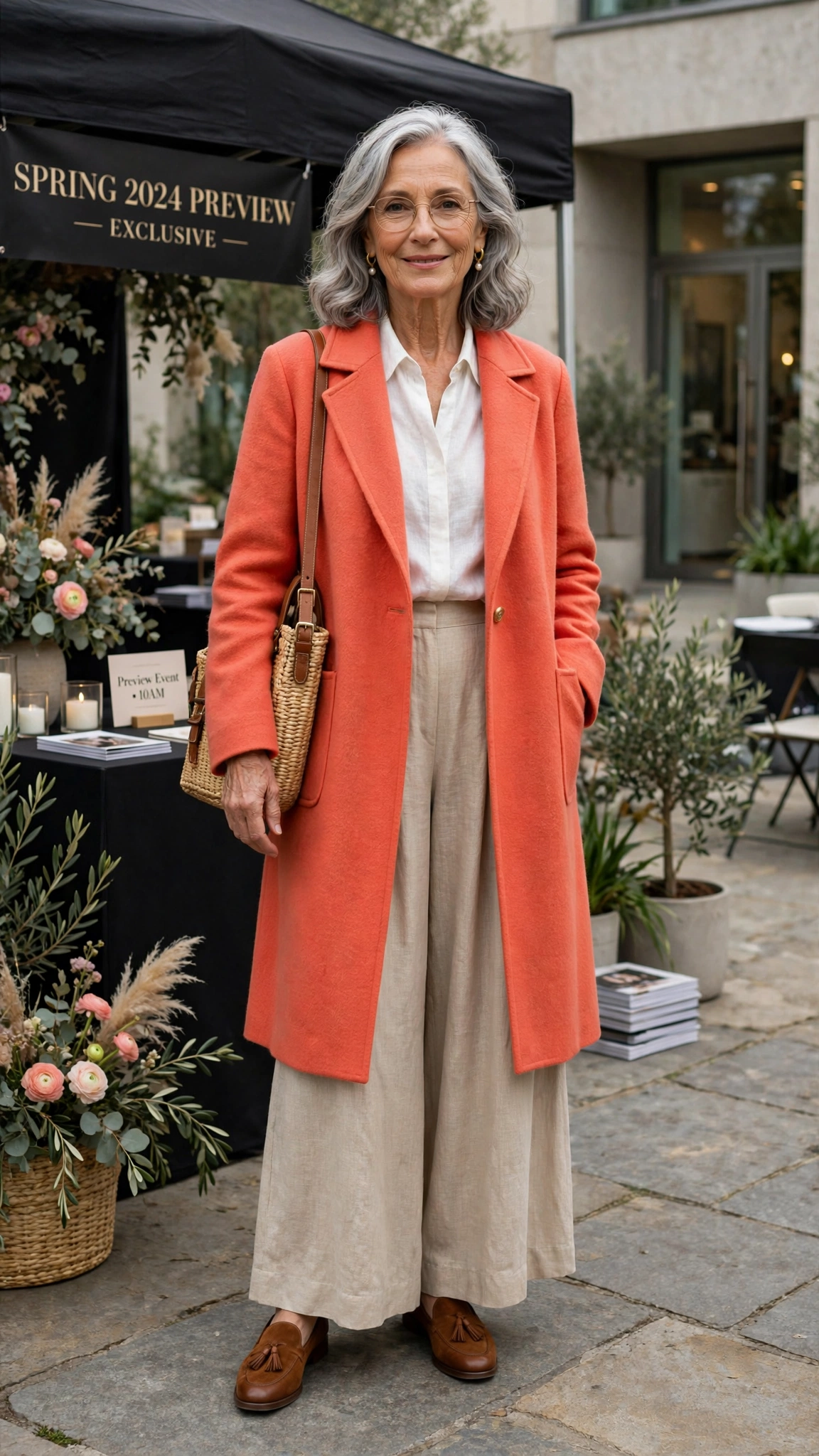 Coral orange coat over palazzo trousers with a woven bag
