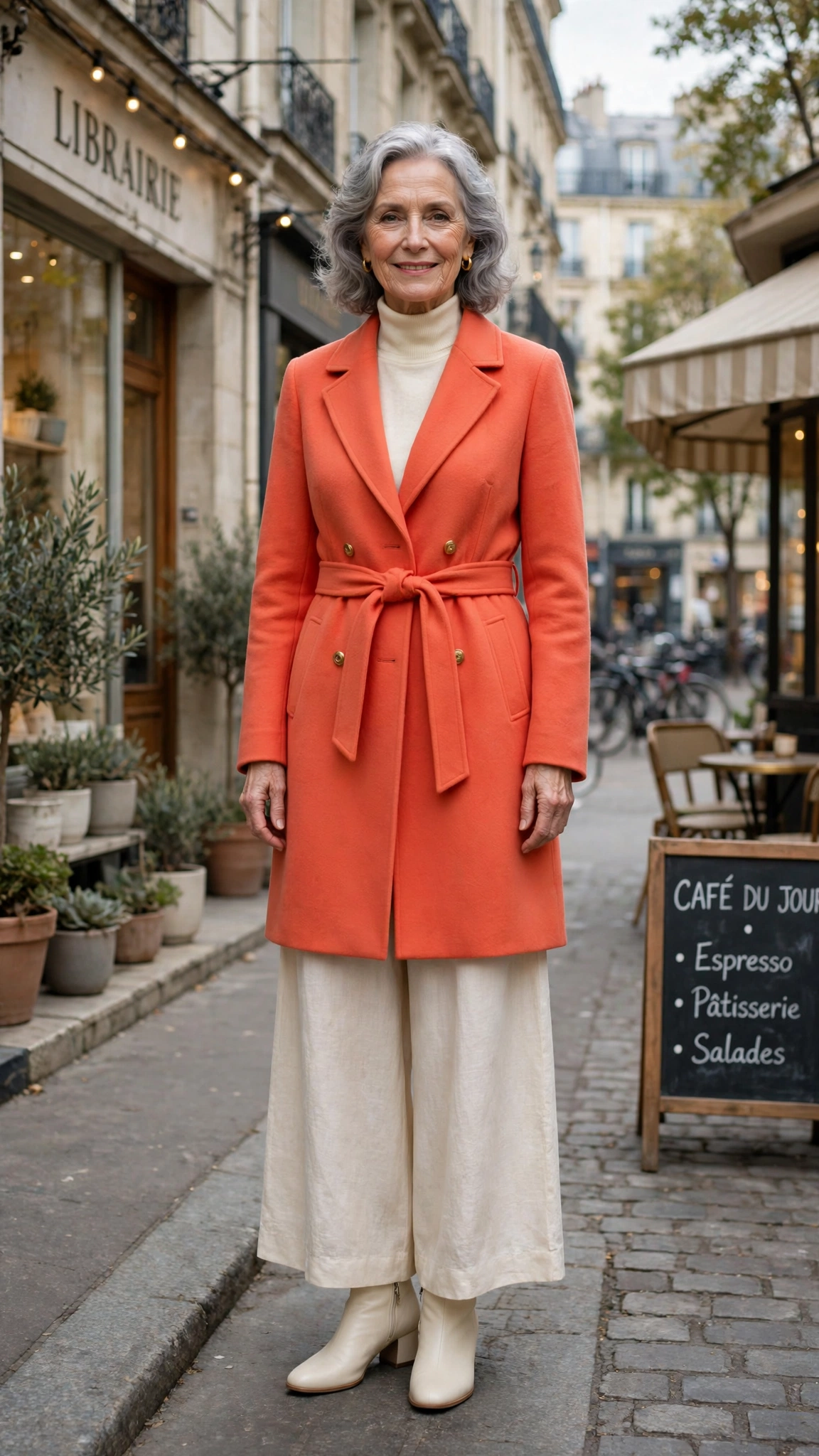 Coral orange coat over palazzo trousers with cream ankle boots