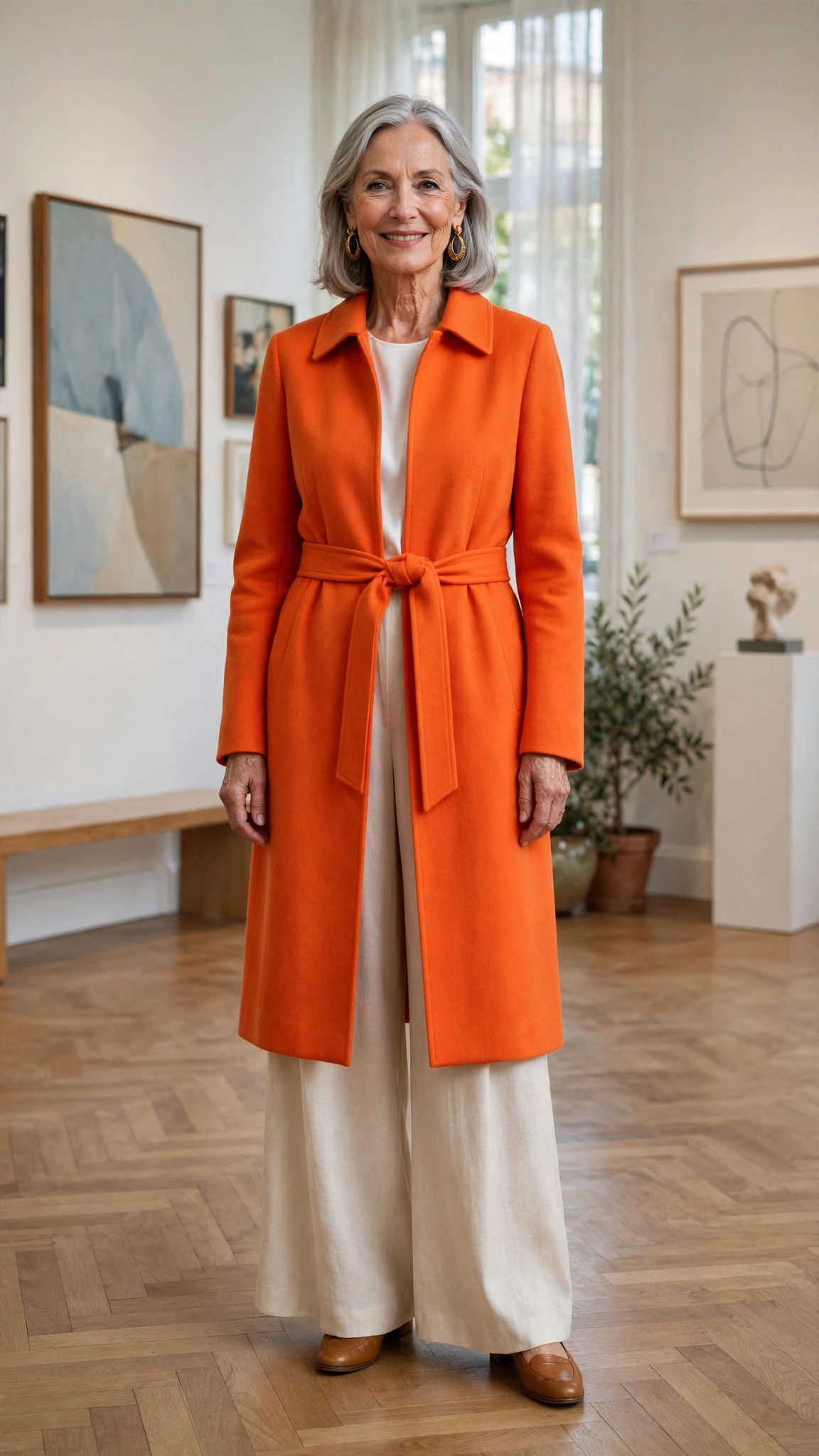 Vivid tangerine coat over palazzo trousers with gold earrings