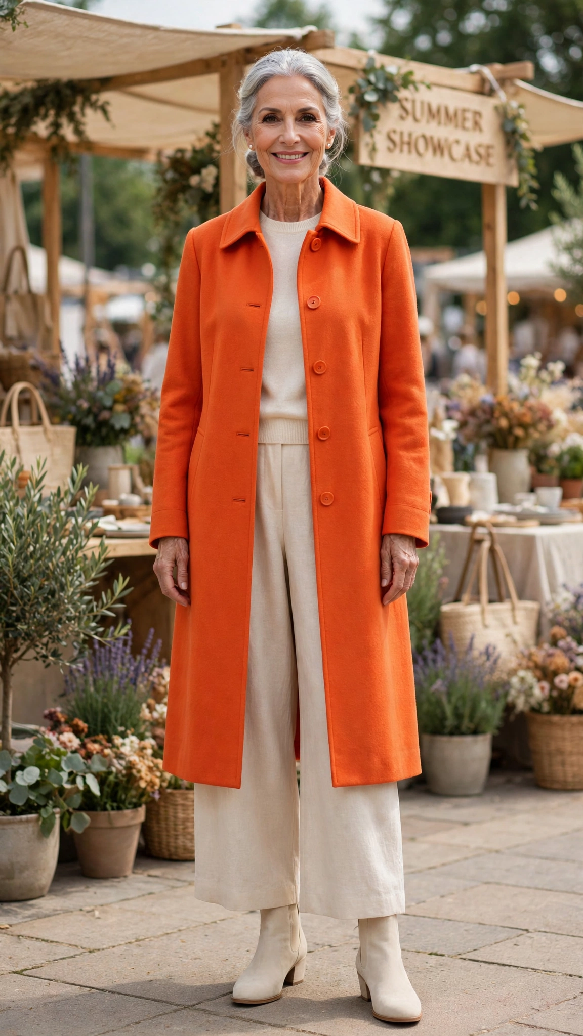 Bright orange coat over wide-leg trousers with cream ankle boots