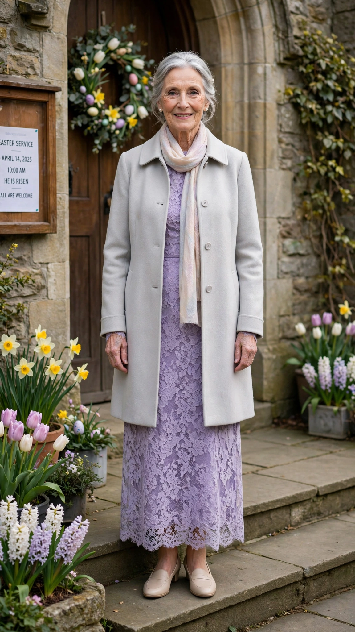 Lavender lace dress with a pale grey coat and a light scarf