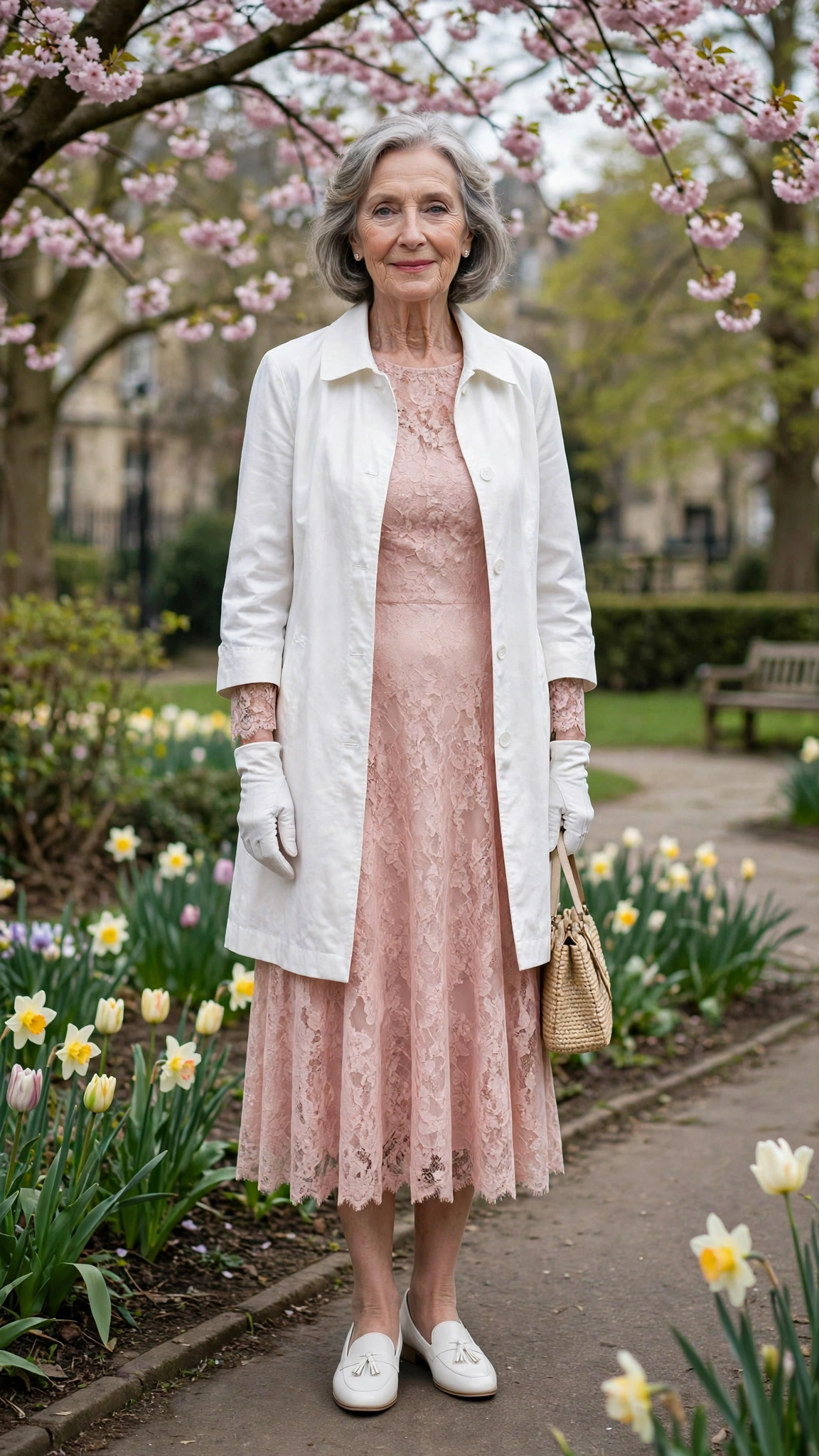 Blush lace dress with a white coat and white gloves