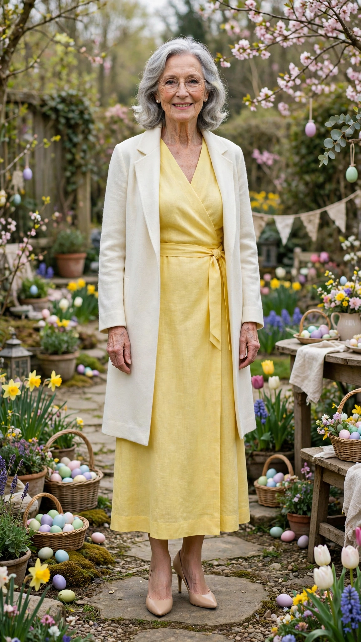 Lemon wrap dress with an ivory coat and nude heels
