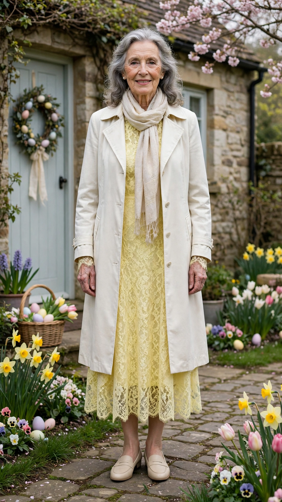 Lemon lace dress with an ivory coat and a light scarf