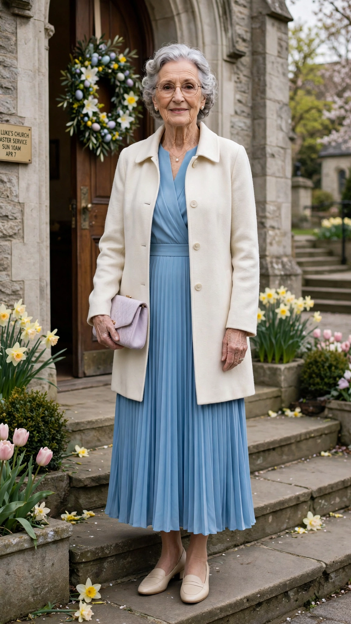 Sky blue pleated dress with a cream coat and a pastel clutch