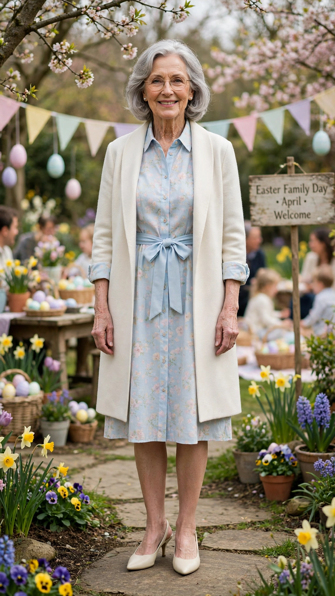 Pastel shirt dress with a cream coat and cream slingbacks