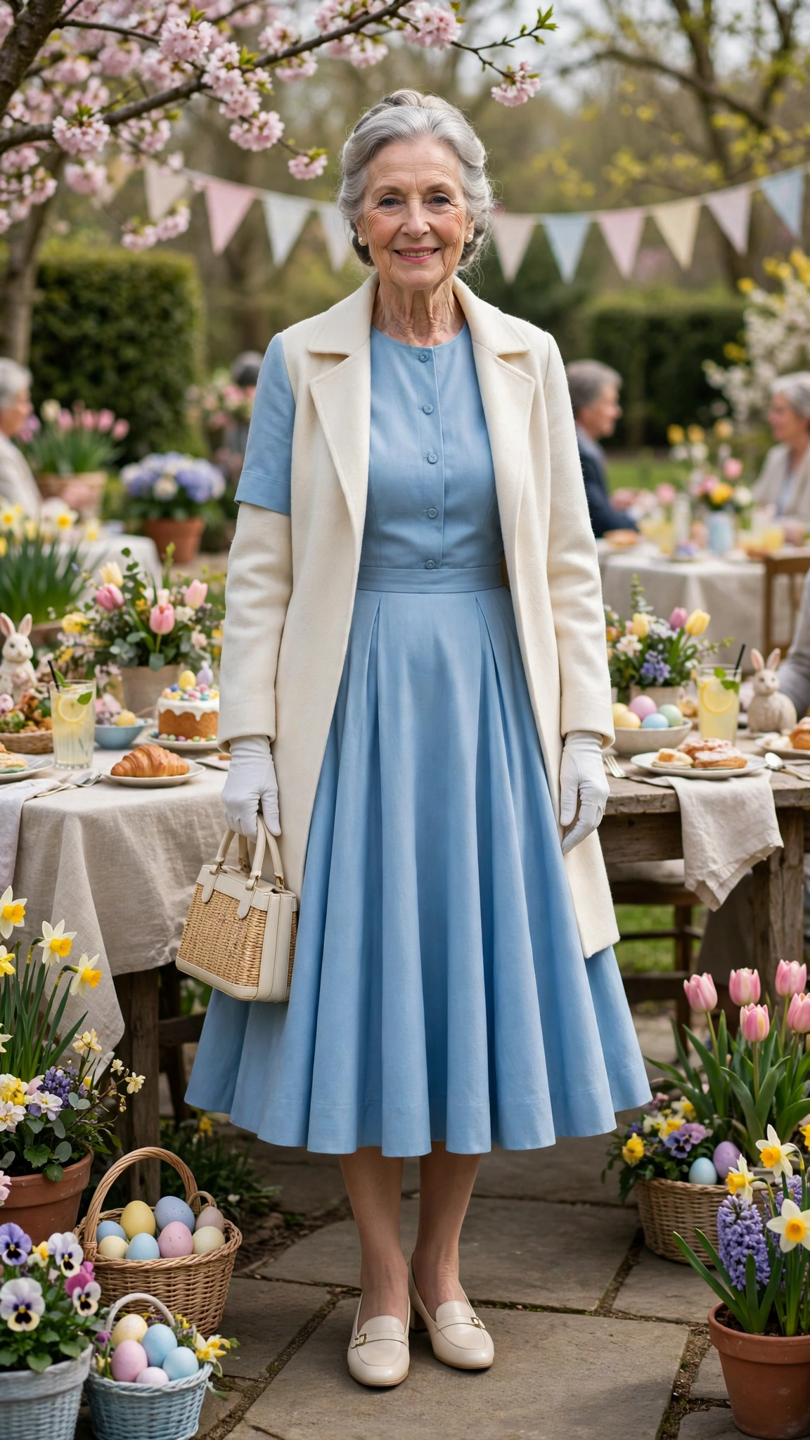 Sky blue fit-and-flare dress with a cream coat and white gloves
