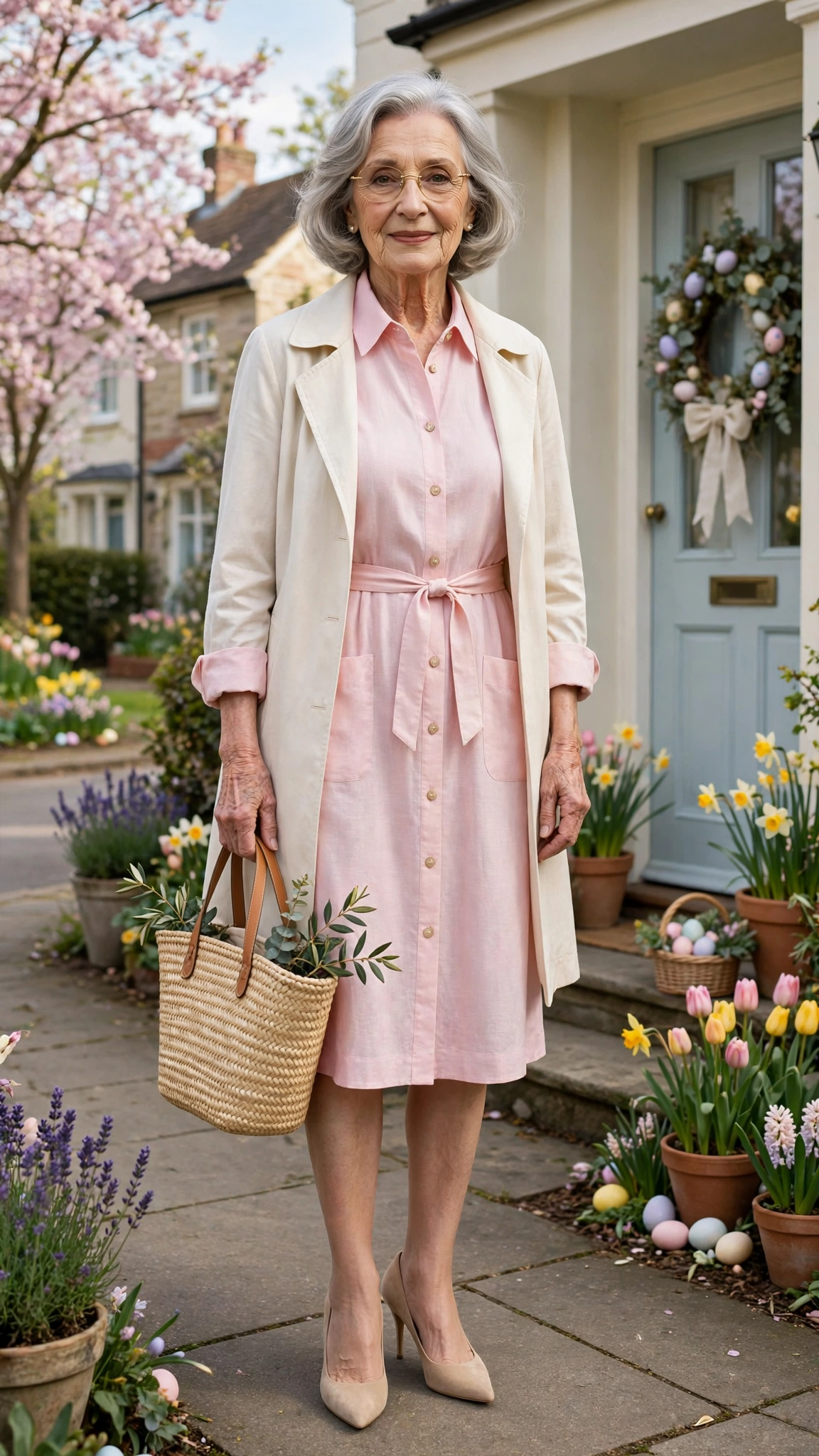 Pastel shirt dress with a cream coat and nude heels
