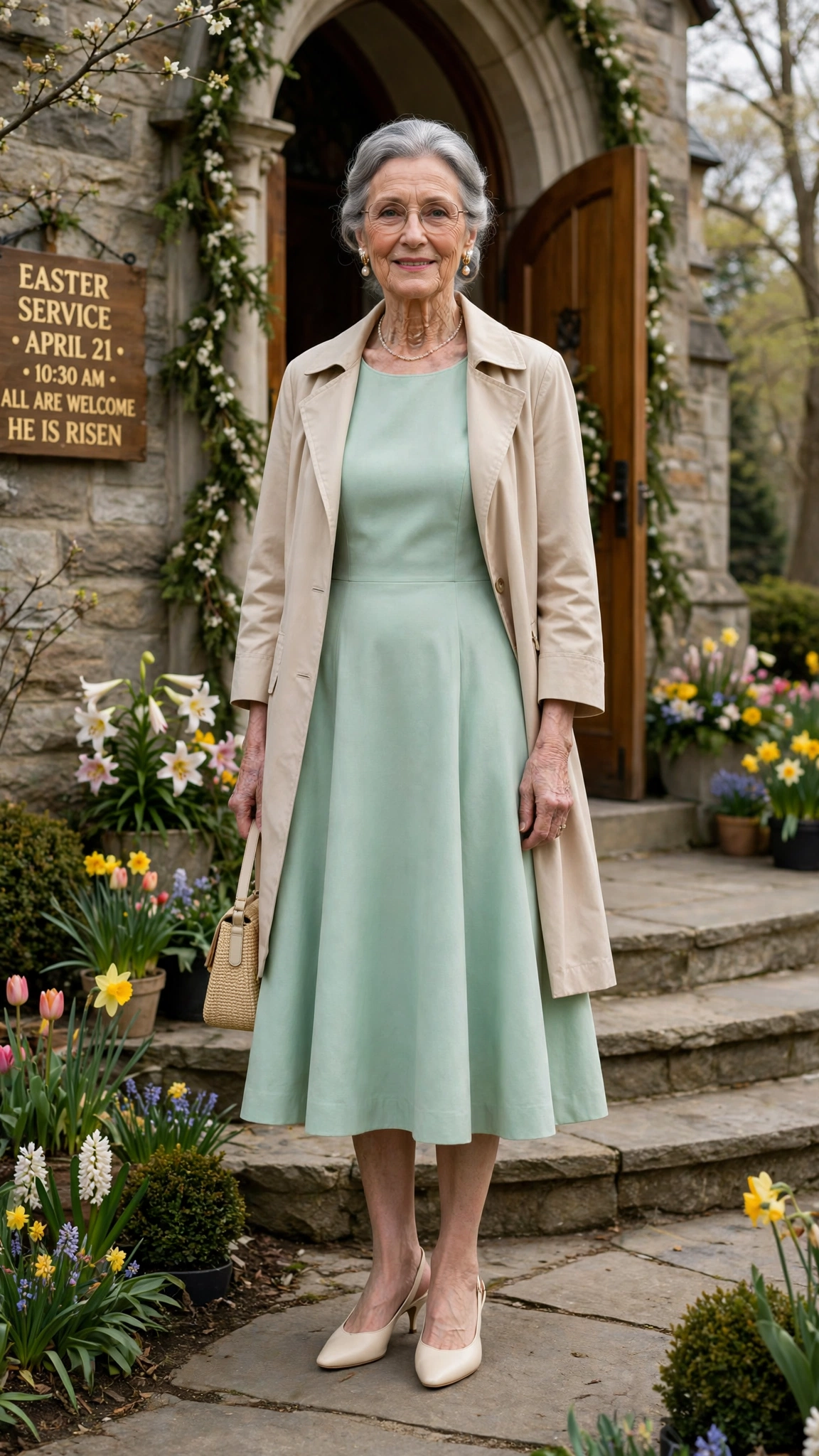 Mint A-line dress with a beige coat and cream slingbacks