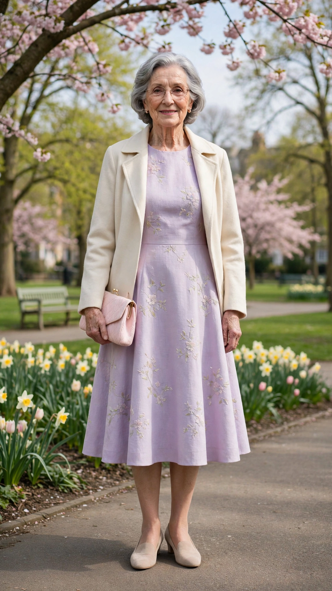 Pastel A-line dress with a cream coat and a pastel clutch