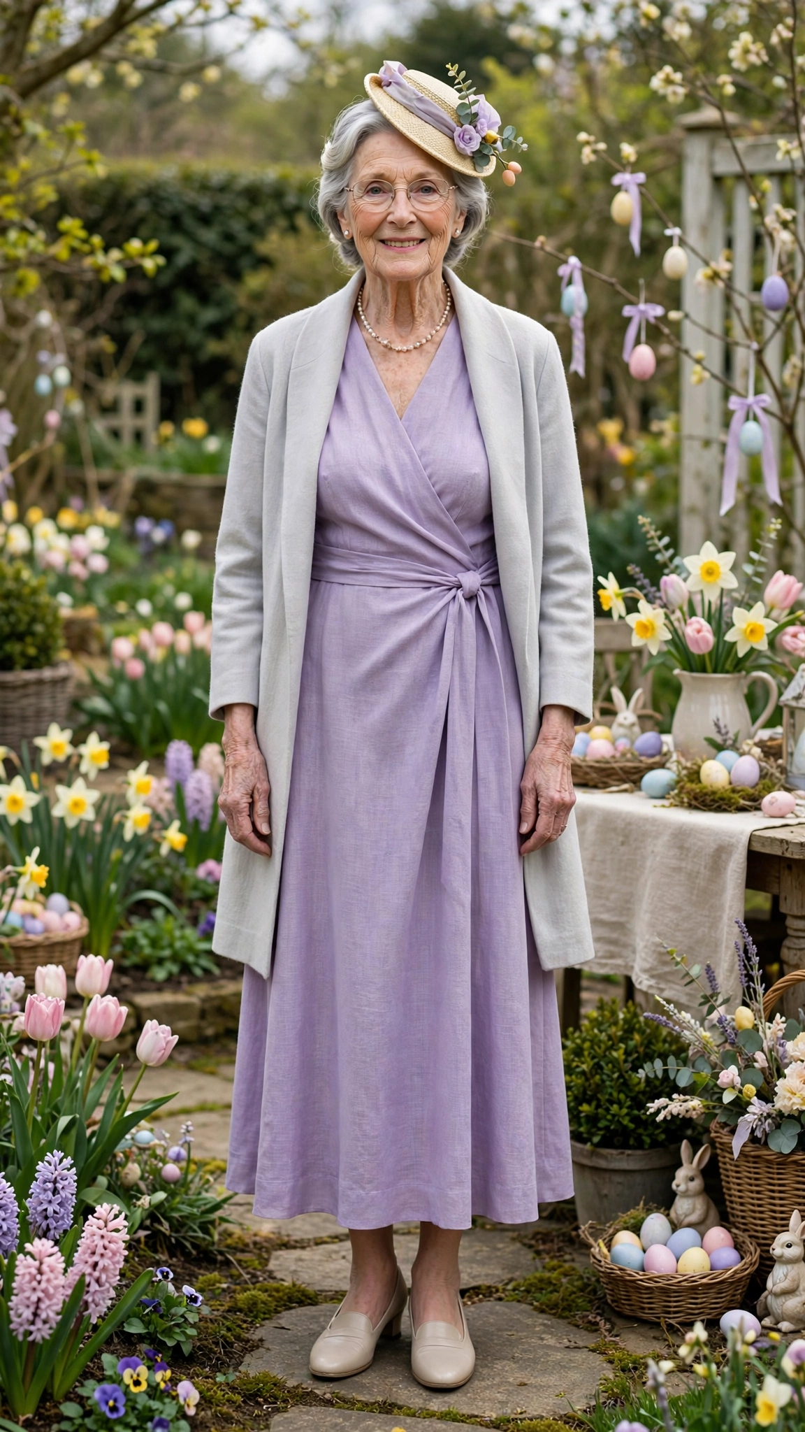 Lavender wrap dress with a pale grey coat and a small hat