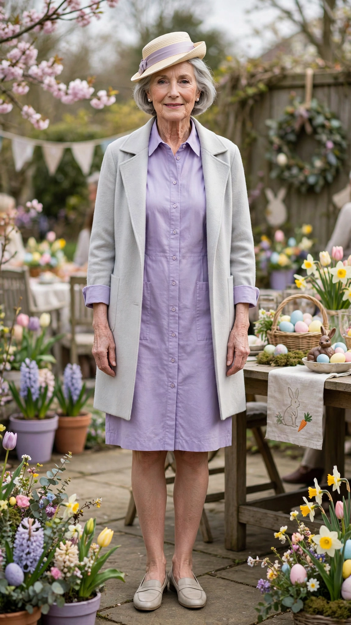 Lavender shirt dress with a pale grey coat and a small hat
