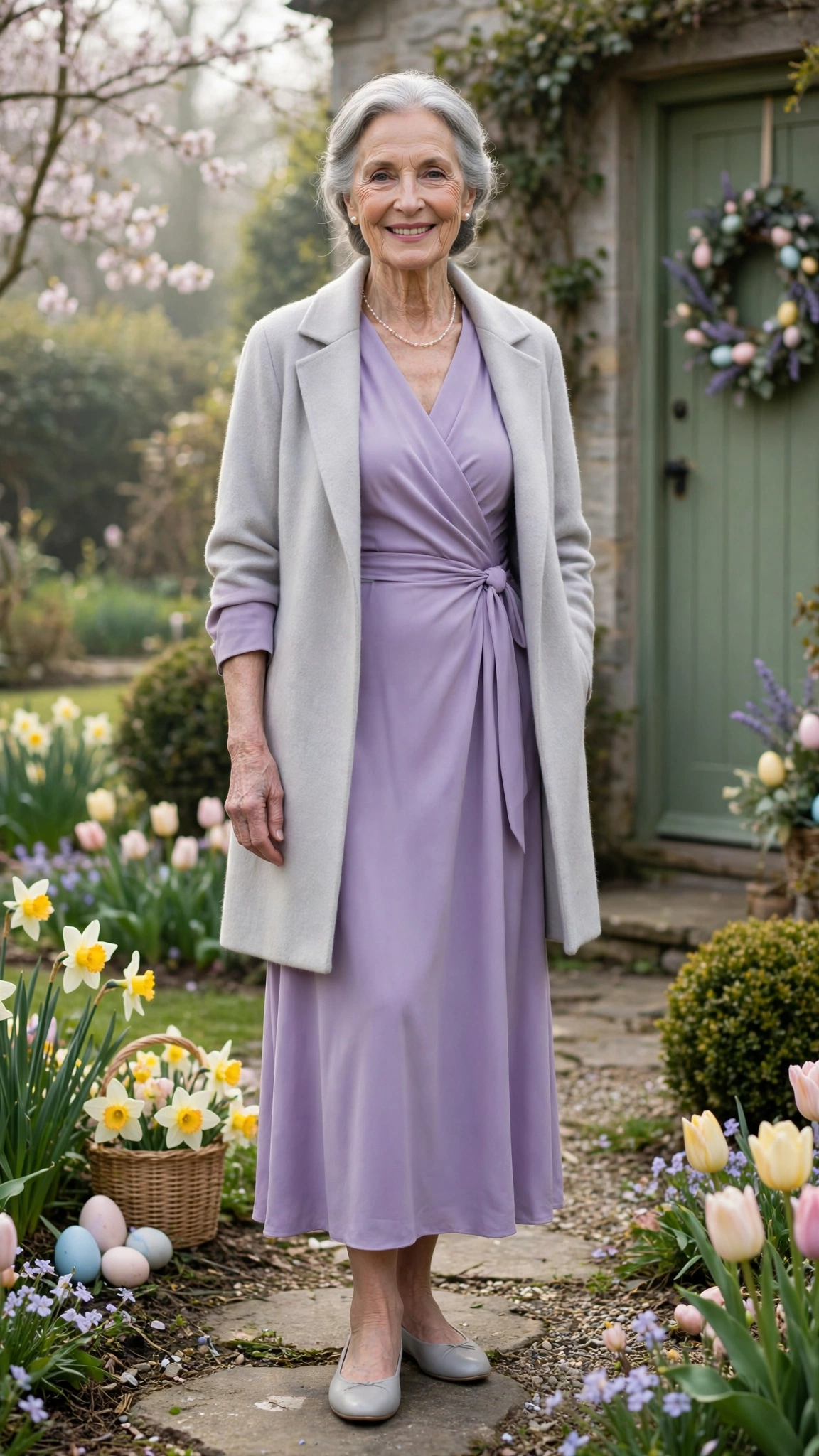 Lavender wrap dress with a pale grey coat and pearl earrings