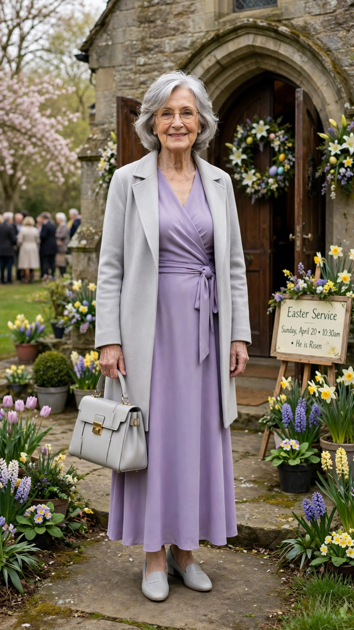 Lavender wrap dress with a pale grey coat and a structured handbag