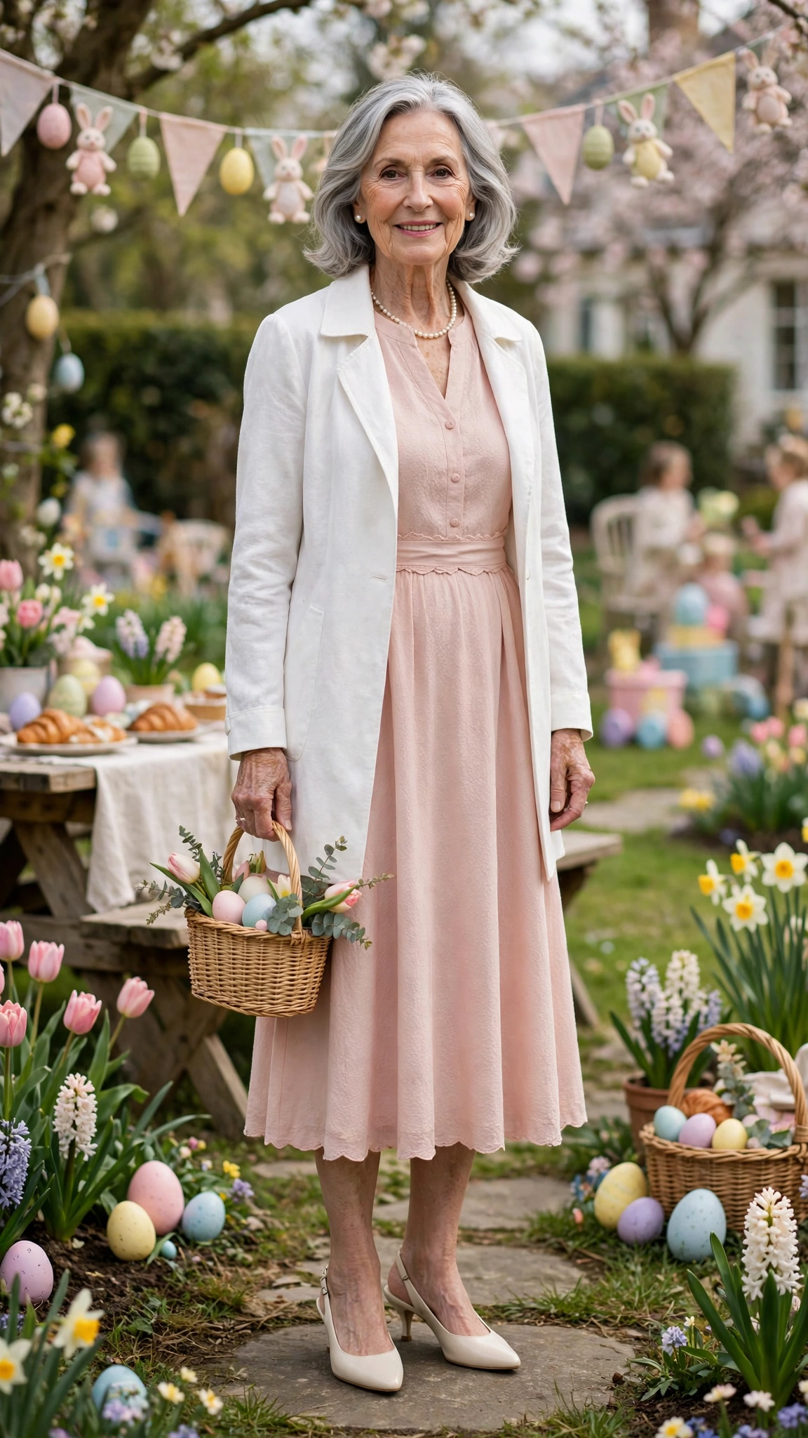 Blush midi dress with a white coat and cream slingbacks