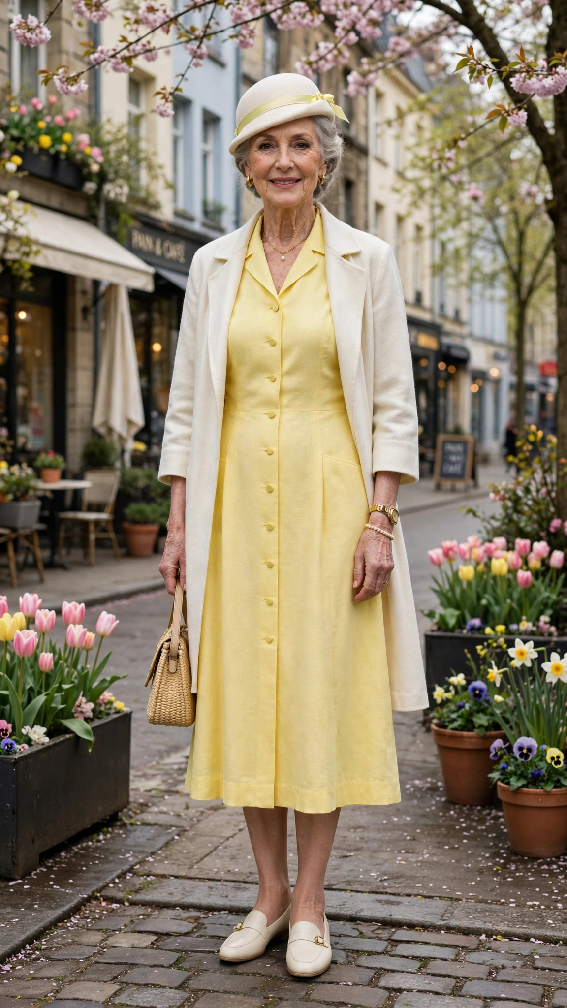 Lemon midi dress with an ivory coat and a small hat