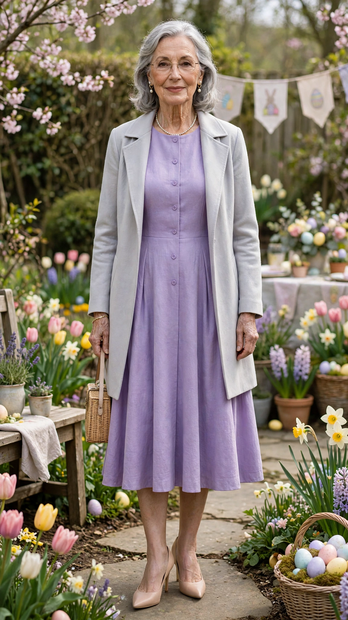 Lavender A-line dress with a pale grey coat and nude heels